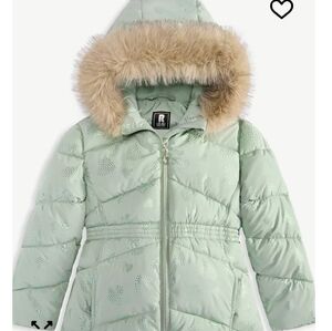 Mint Green Puffer Jacket with Faux Fur Hood